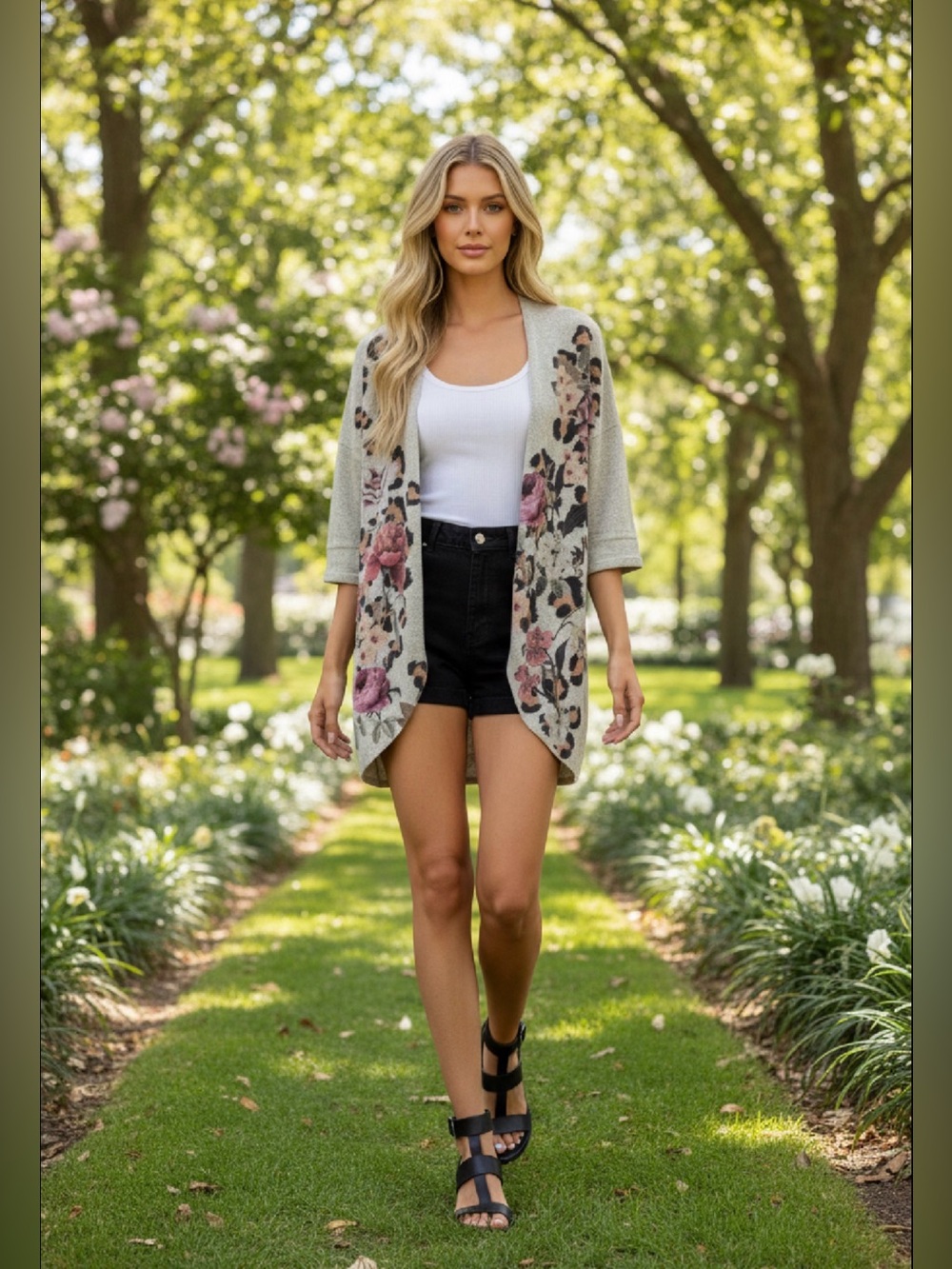 GAZE Floral Open-Front Beige Women's Cardigan Sweater